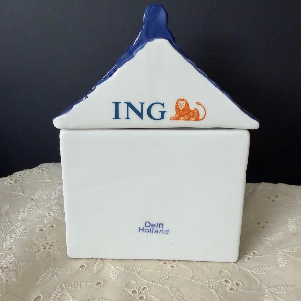 Delft Holland ING Bank Ceramic Canal House Lidded Canister Blue White Vintage - Picture 4 of 7